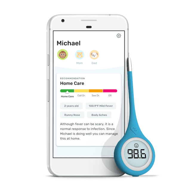 Kinsa app next to a QuickCare thermometer